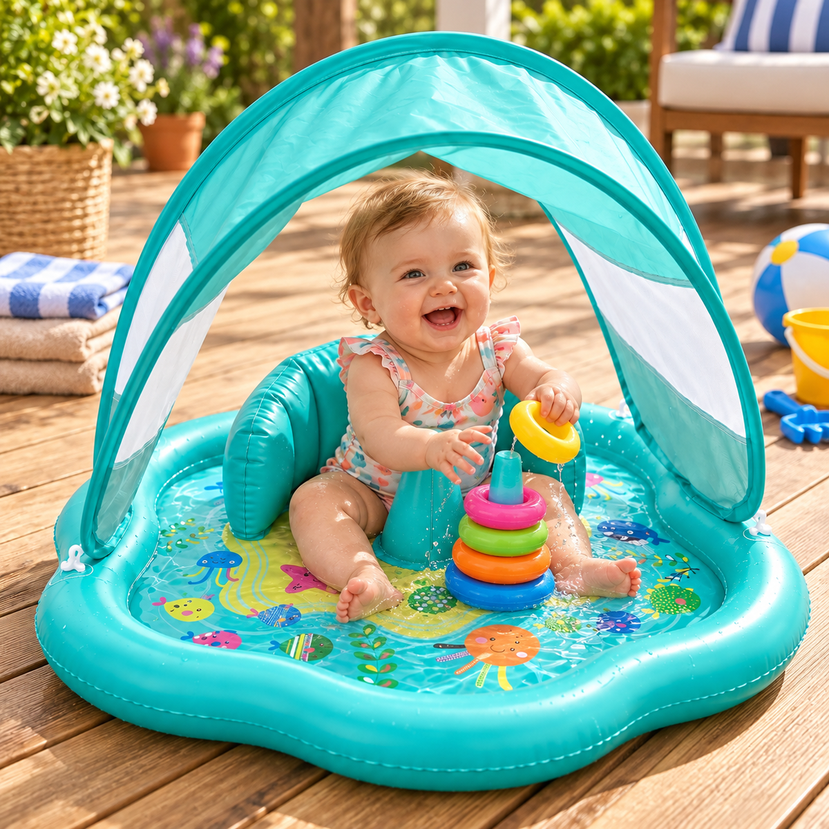 Inflatable Water Mat Baby Water Play Sunshade Included
