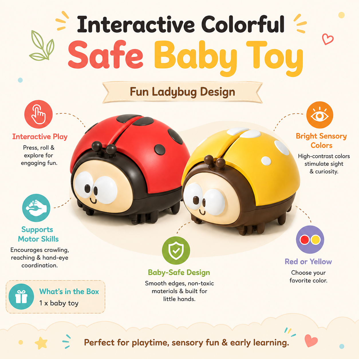 Interactive Colorful Safe Baby Toy Fun Ladybug Design