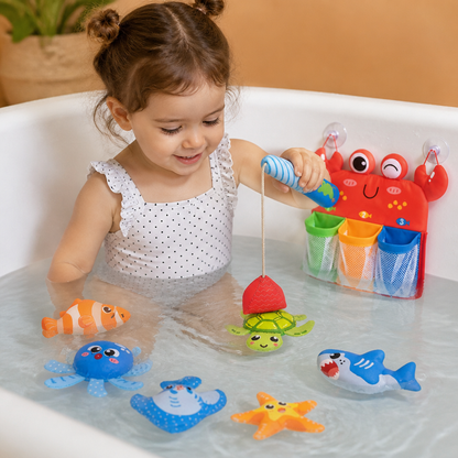 Magnetic Fishing Bath Toy Set with Floating Animals and Storage Net