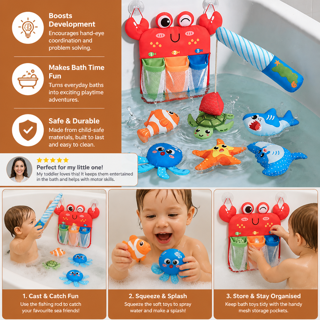 Magnetic Fishing Bath Toy Set with Floating Animals and Storage Net