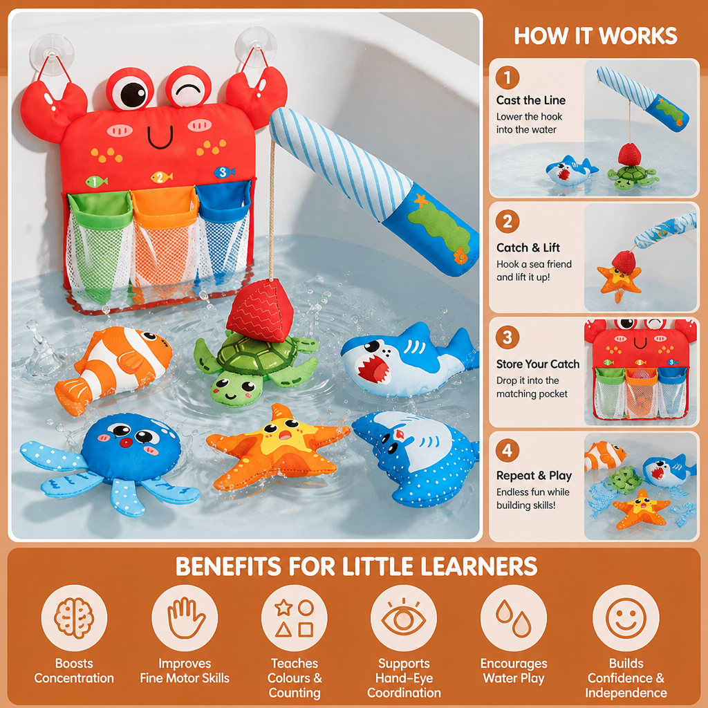 Magnetic Fishing Bath Toy Set with Floating Animals and Storage Net
