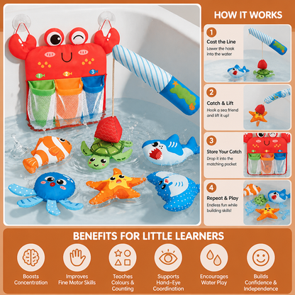 Magnetic Fishing Bath Toy Set with Floating Animals and Storage Net