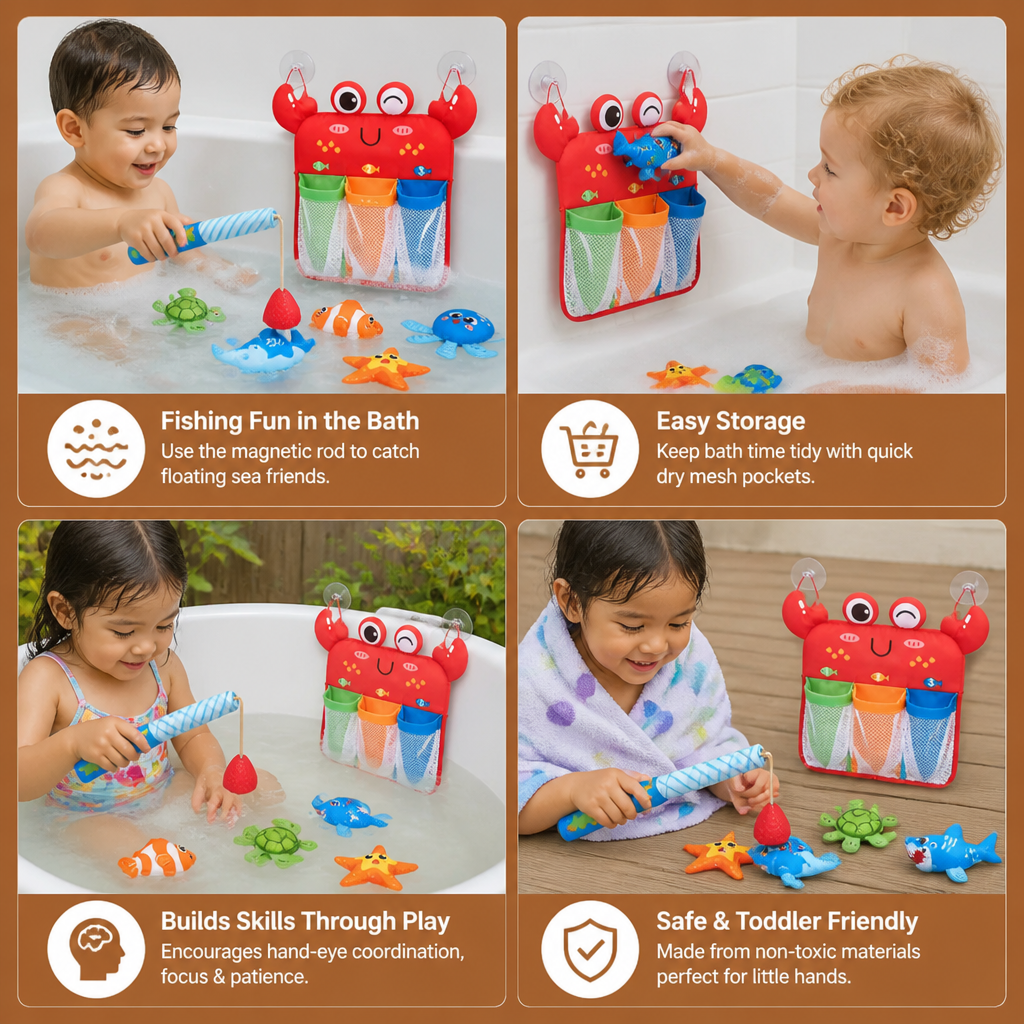 Magnetic Fishing Bath Toy Set with Floating Animals and Storage Net