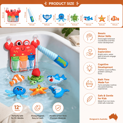 Magnetic Fishing Bath Toy Set with Floating Animals and Storage Net
