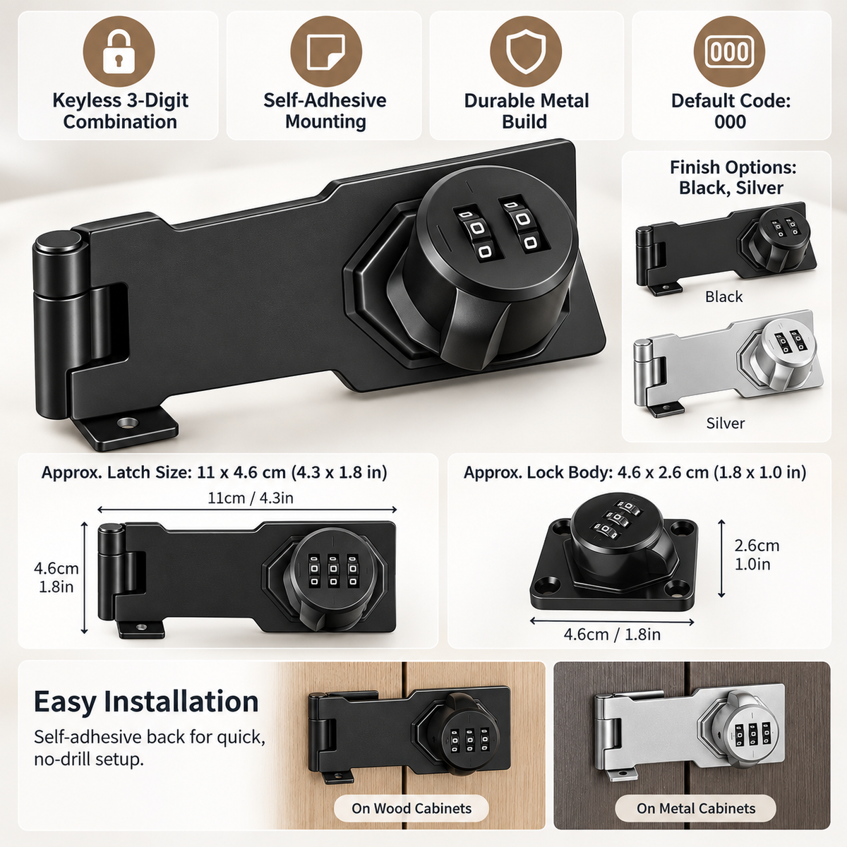 Keyless Cabinet Lock Latch Metal Self Adhesive