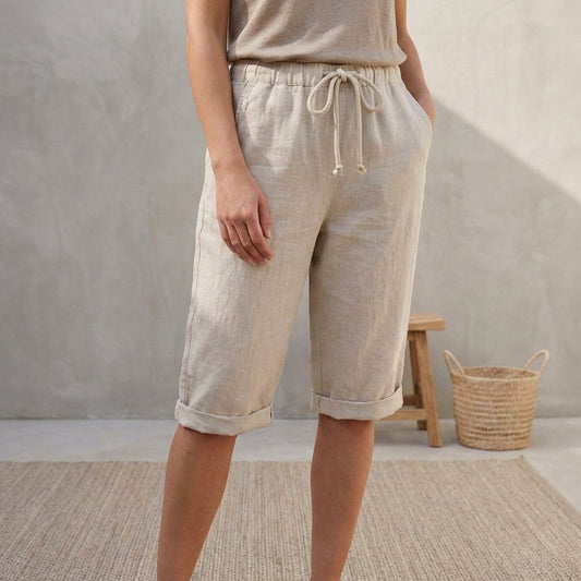 Linen Capri Pants Relaxed Fit Drawstring Waist Cuffed Beige