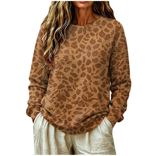 Oversized Leopard Print Sweatshirt with Round Neckline and Long Sleeves