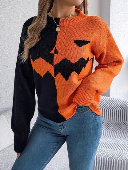Pullover Knit Sweater with Jack O' Lantern Design and Ribbed Cuffs, Midi Length