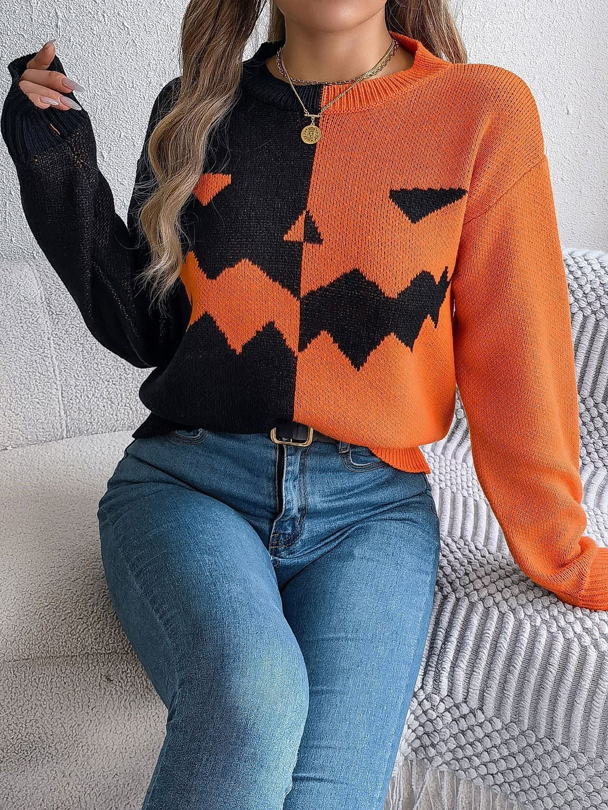 Pullover Knit Sweater with Jack O' Lantern Design and Ribbed Cuffs, Midi Length