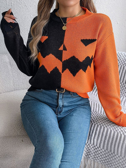 Pullover Knit Sweater with Jack O' Lantern Design and Ribbed Cuffs, Midi Length
