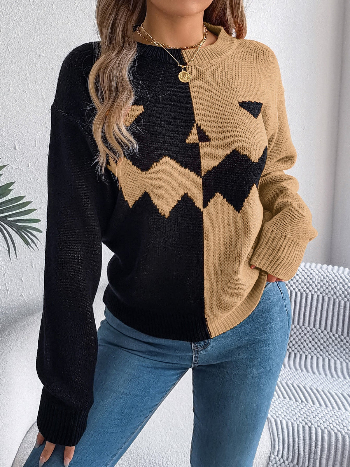 Pullover Knit Sweater with Jack O' Lantern Design and Ribbed Cuffs, Midi Length