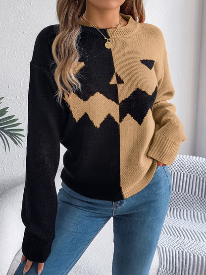 Pullover Knit Sweater with Jack O' Lantern Design and Ribbed Cuffs, Midi Length