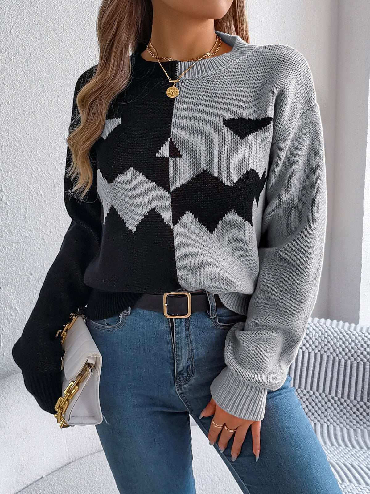 Pullover Knit Sweater with Jack O' Lantern Design and Ribbed Cuffs, Midi Length