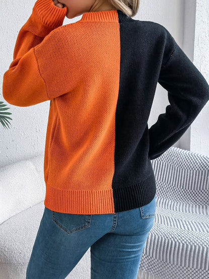 Pullover Knit Sweater with Jack O' Lantern Design and Ribbed Cuffs, Midi Length