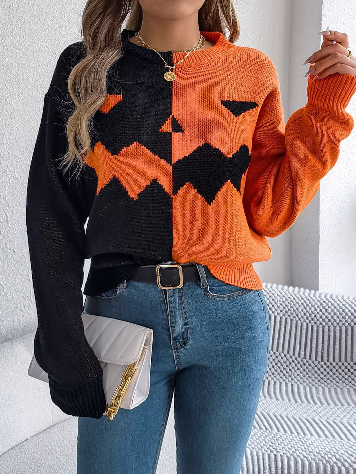 Pullover Knit Sweater with Jack O' Lantern Design and Ribbed Cuffs, Midi Length