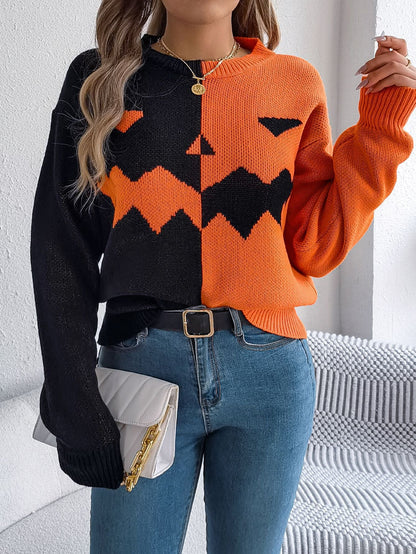 Pullover Knit Sweater with Jack O' Lantern Design and Ribbed Cuffs, Midi Length