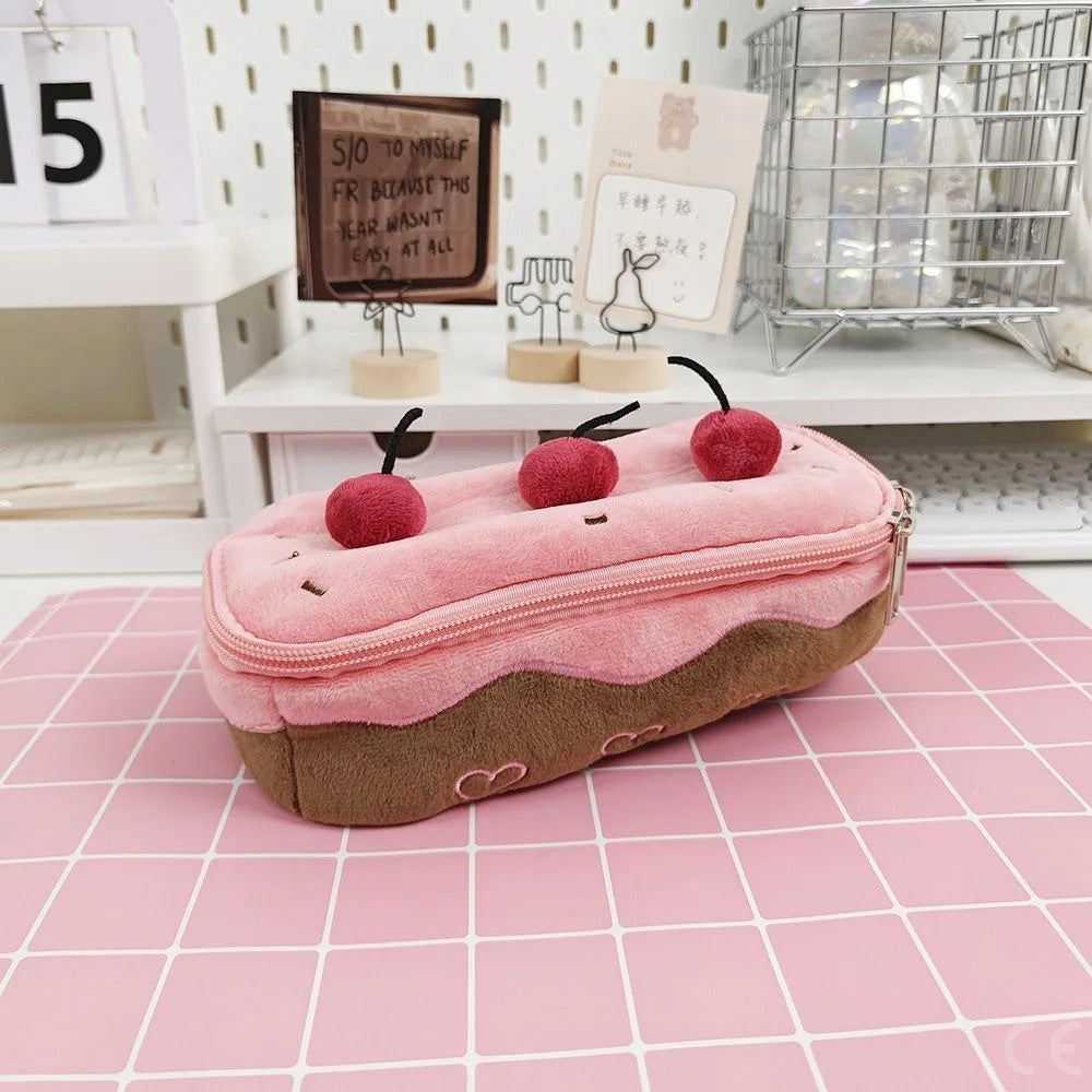 Cherry Cake Plush Pencil Case – Cute Large Capacity Stationery Organizer for Girls, Kids and School Supply Storage