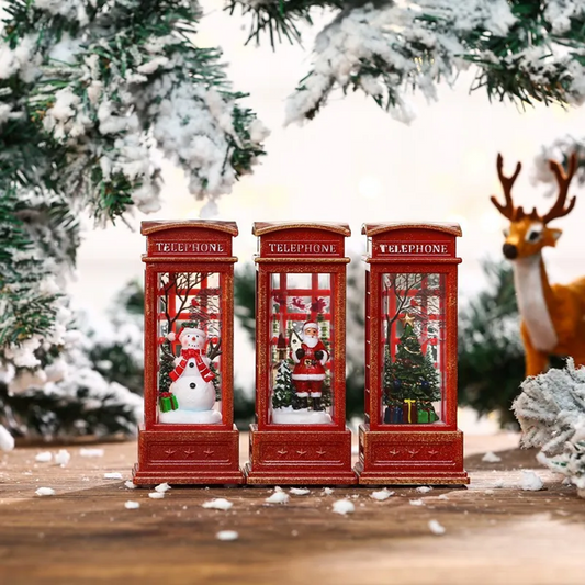 Christmas Phone Booth Ornament – Lighted Santa Snowman Village Decoration for Festive Window Displays