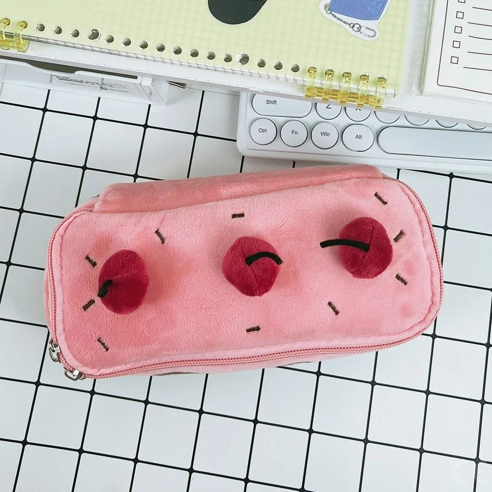 Cherry Cake Plush Pencil Case – Cute Large Capacity Stationery Organizer for Girls, Kids and School Supply Storage