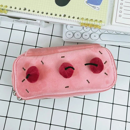 Cherry Cake Plush Pencil Case – Cute Large Capacity Stationery Organizer for Girls, Kids and School Supply Storage