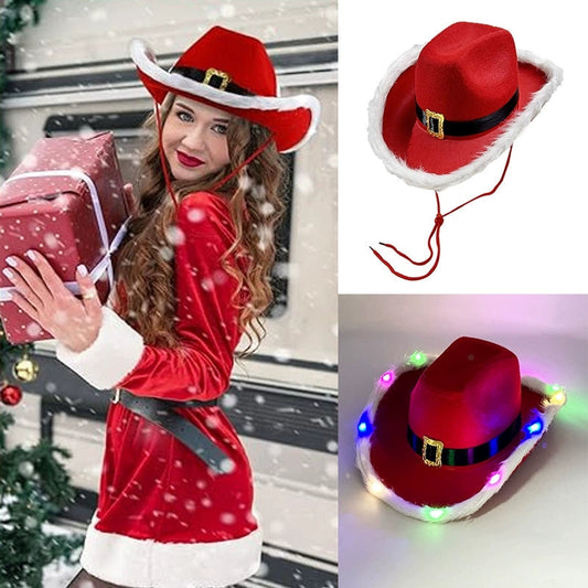 Light Up Santa Cowboy Hat – LED Western Christmas Party Hat for Holiday Costumes, Festivals and Photo Booth Fun