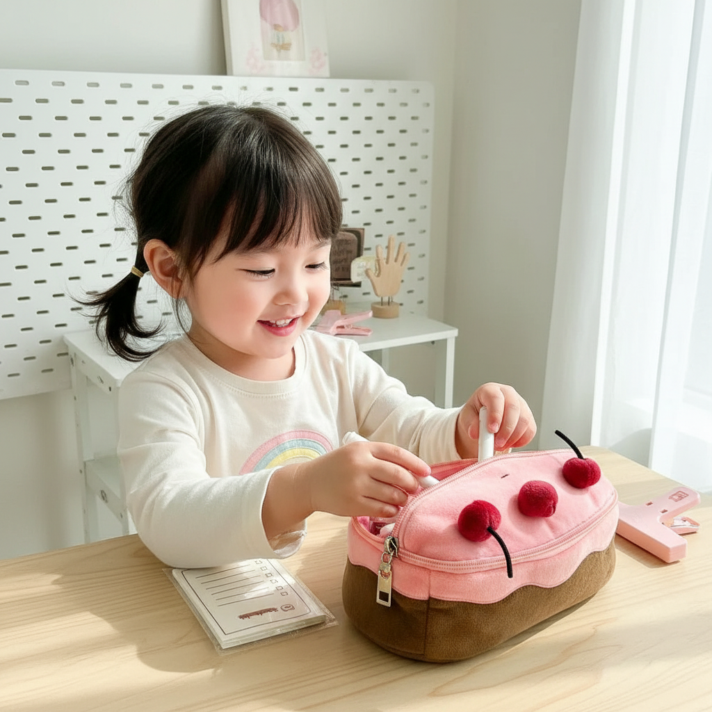 Cherry Cake Plush Pencil Case – Cute Large Capacity Stationery Organizer for Girls, Kids and School Supply Storage