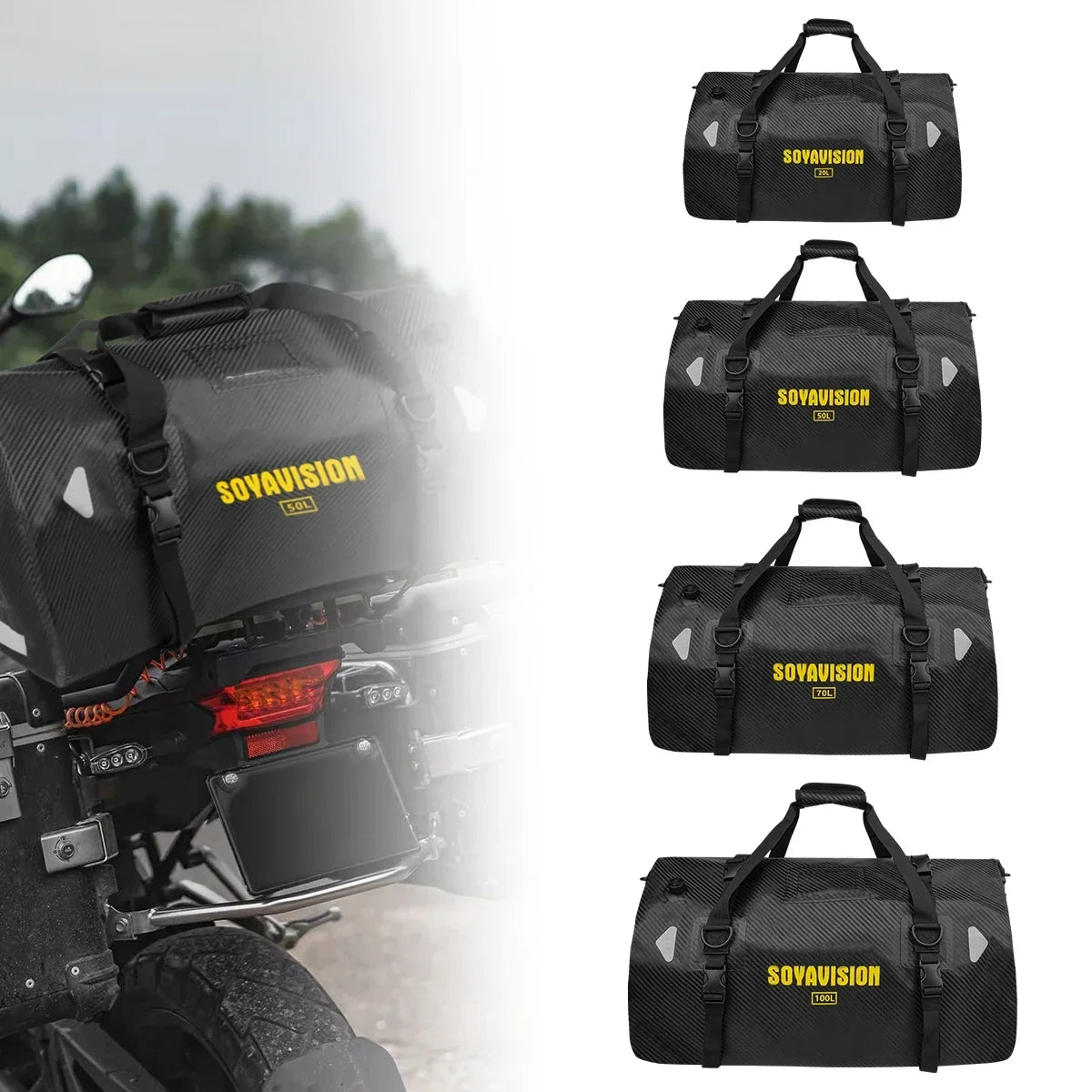 Roll Top Tail Bag with Reflective Strips and Convertible Carry Straps, 40L and 66L