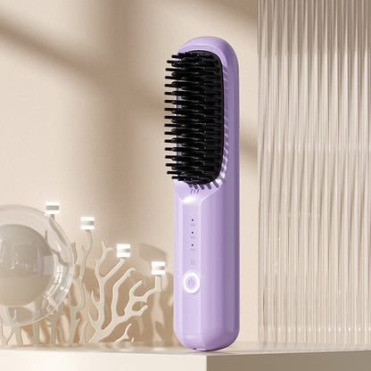 Rechargeable Hair Straightener Brush with Ceramic Teeth and Ion Release, Travel Pouch