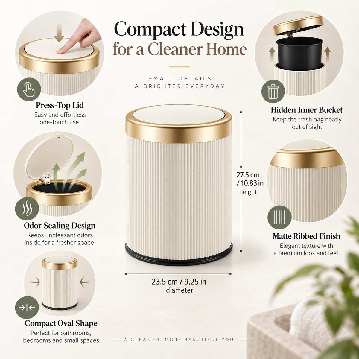 Oval Trash Can Press Top Compact Bathroom Home Storage