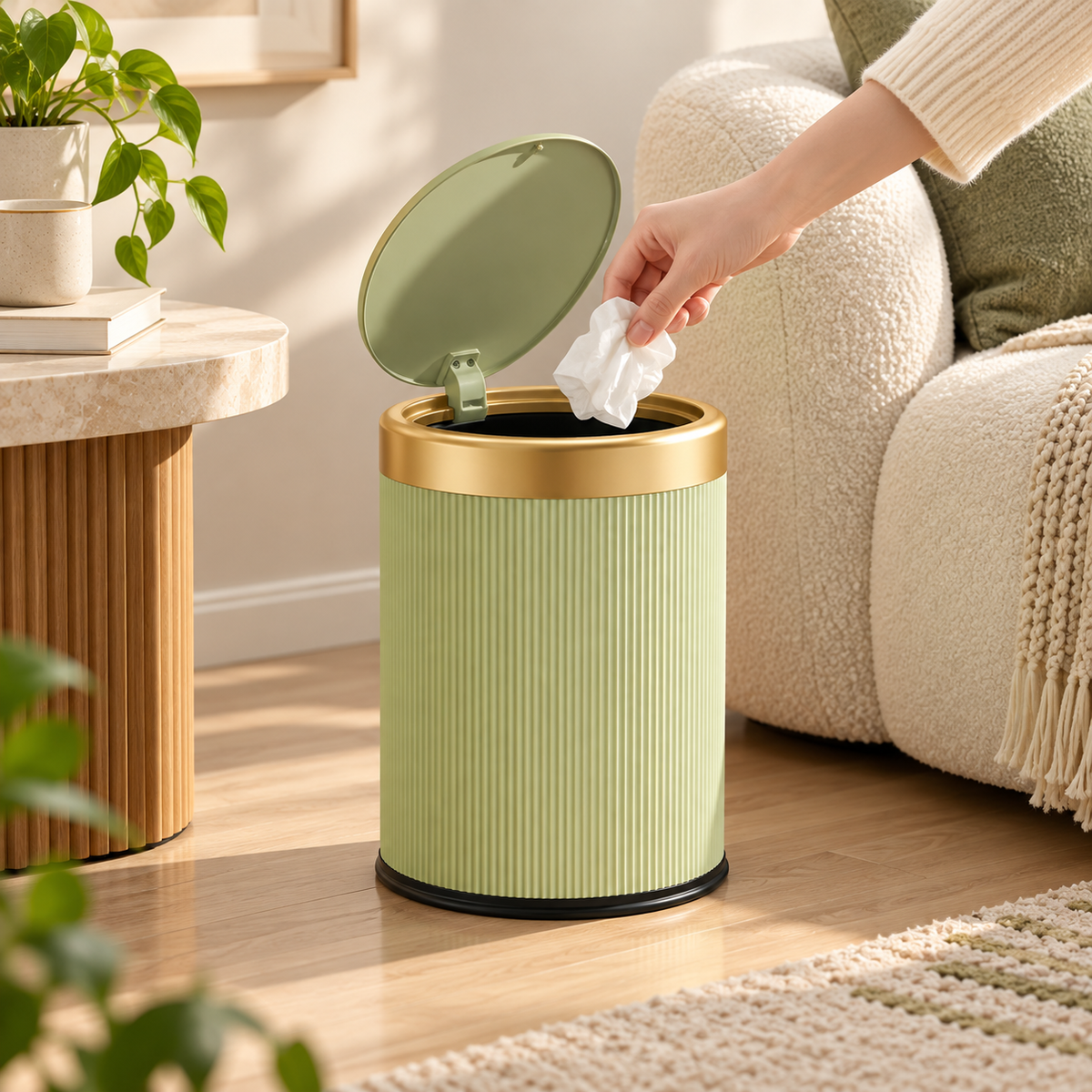 Oval Trash Can Press Top Compact Bathroom Home Storage