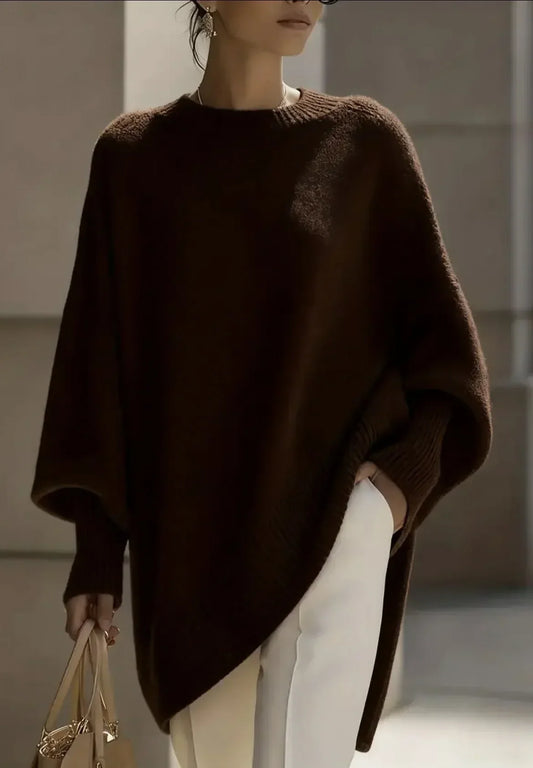 Oversized Knit Sweater with Dropped Shoulders and Ribbed Cuffs, Asymmetric Hem