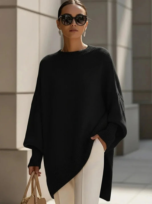Oversized Knit Sweater with Dropped Shoulders and Ribbed Cuffs, Asymmetric Hem