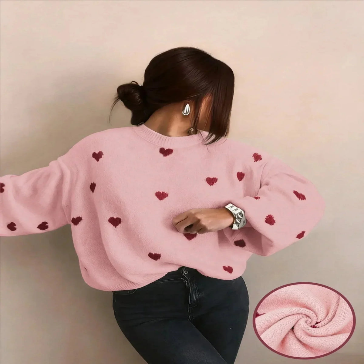 Oversized Pullover Sweater with Embroidered Hearts and Puff Sleeves