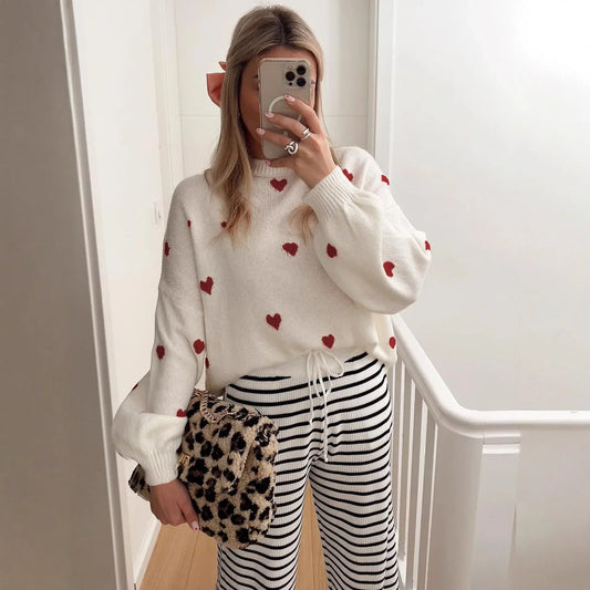 Oversized Pullover Sweater with Embroidered Hearts and Puff Sleeves