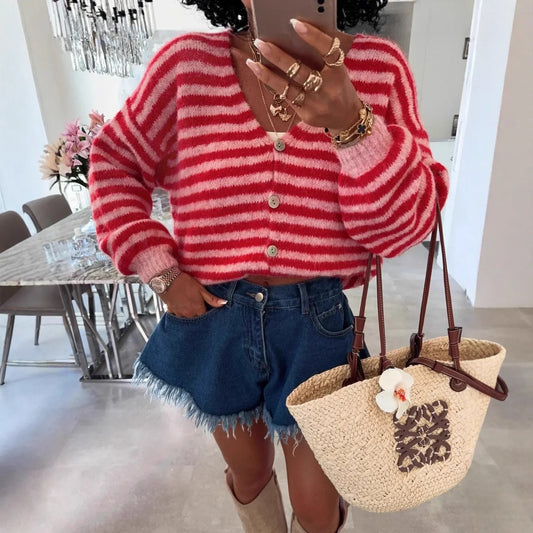 Striped V-Neck Cardigan with Dropped Shoulders and Lantern Sleeves for Women