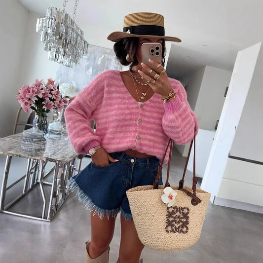 Striped V-Neck Cardigan with Dropped Shoulders and Lantern Sleeves for Women