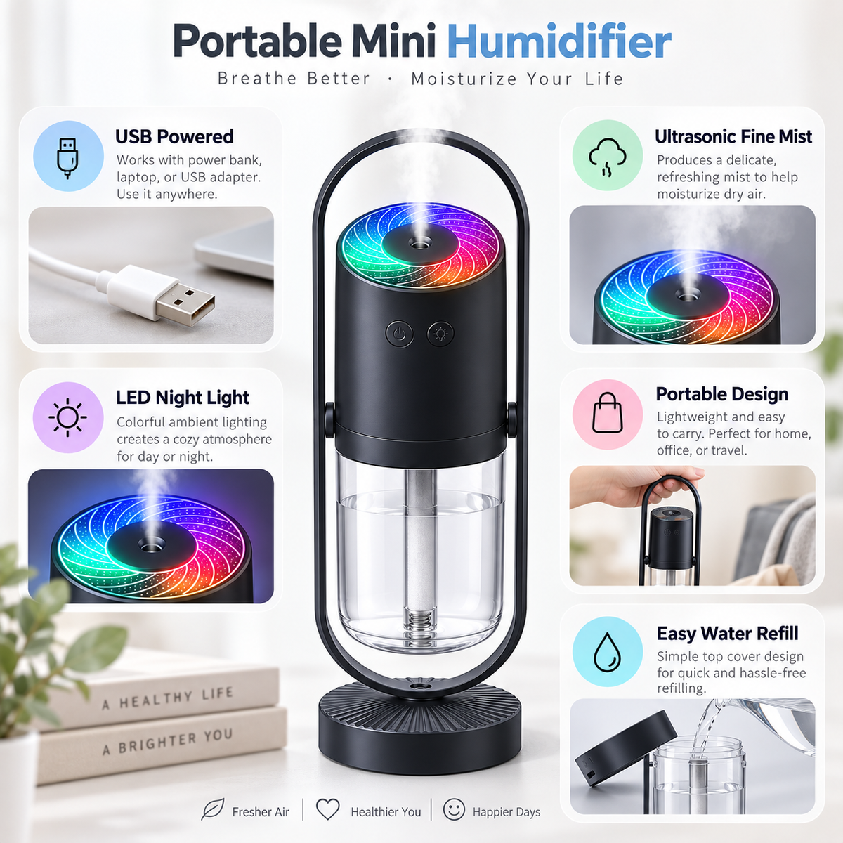 Portable Humidifier Mini Night Light LED Function