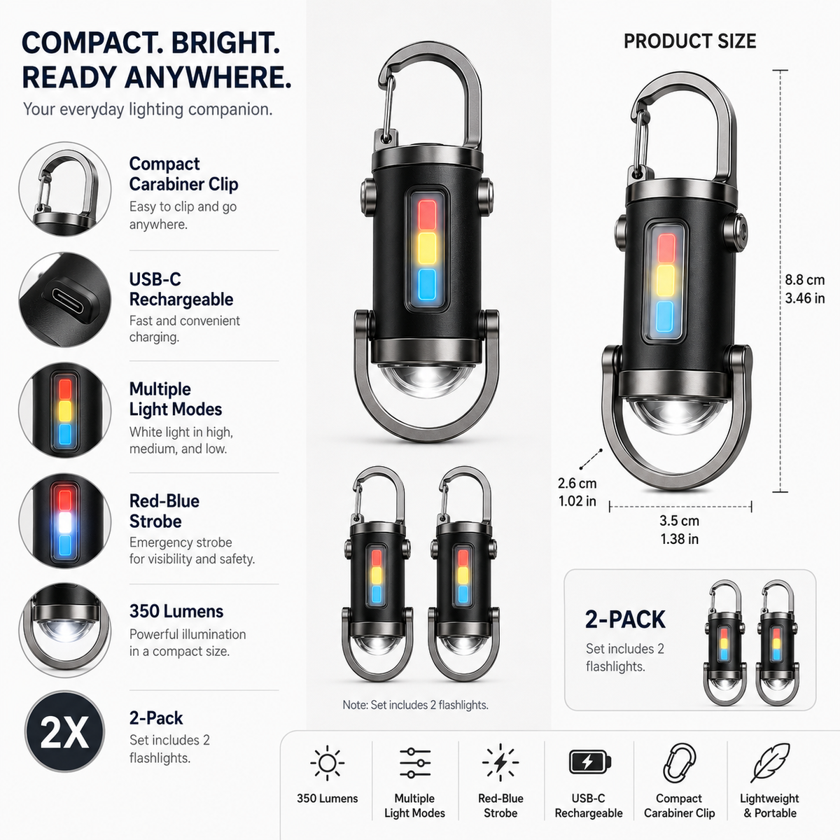 Portable Flashlight Carabiner LED Compact Design