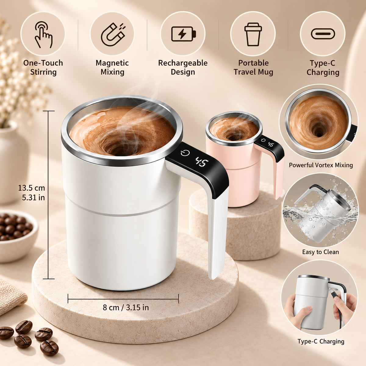 Rechargeable Coffee Mug Portable Self Stirring Travel