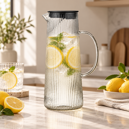 Ribbed Design Glass Pitcher Lemonade Handcrafted
