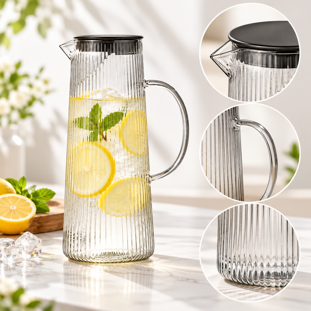 Ribbed Design Glass Pitcher Lemonade Handcrafted