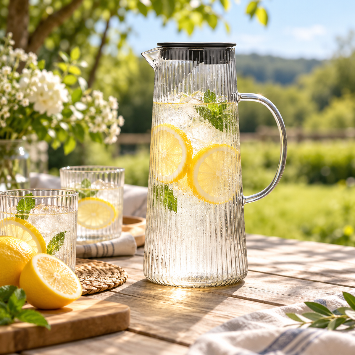 Ribbed Design Glass Pitcher Lemonade Handcrafted