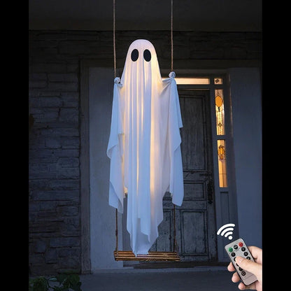 Outdoor Ghost Swing with String Lights and Wooden Seat for Halloween Porch Display
