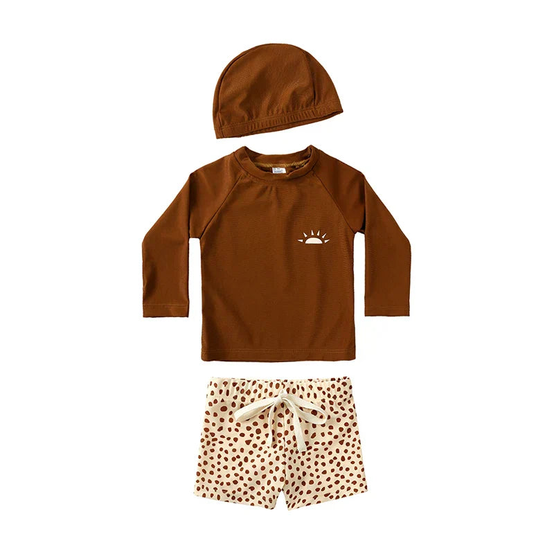 Breathable Kids Rash Guard Swim Set – Long-Sleeve Top, Swim Pants, Hat, Polyester Elastane, Beach Vacation