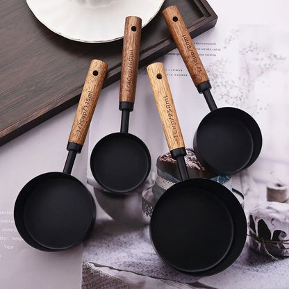 Measuring Cup and Spoon Set with Engraved Markings and Wooden Handles, 8-Piece