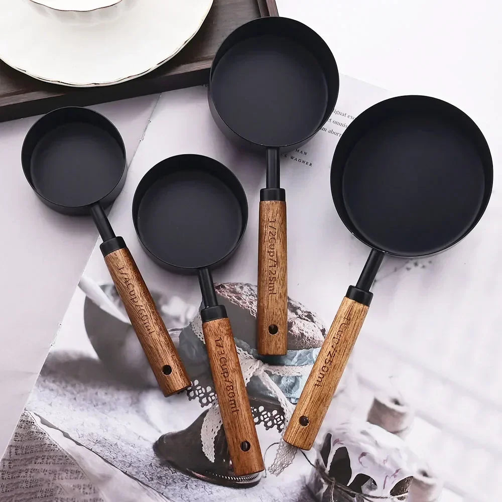 Measuring Cup and Spoon Set with Engraved Markings and Wooden Handles, 8-Piece