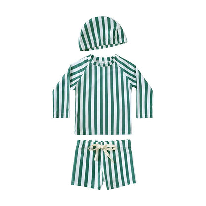 Breathable Kids Rash Guard Swim Set – Long-Sleeve Top, Swim Pants, Hat, Polyester Elastane, Beach Vacation