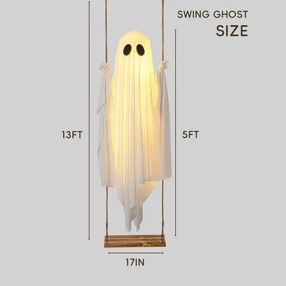 Outdoor Ghost Swing with String Lights and Wooden Seat for Halloween Porch Display