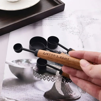 Measuring Cup and Spoon Set with Engraved Markings and Wooden Handles, 8-Piece