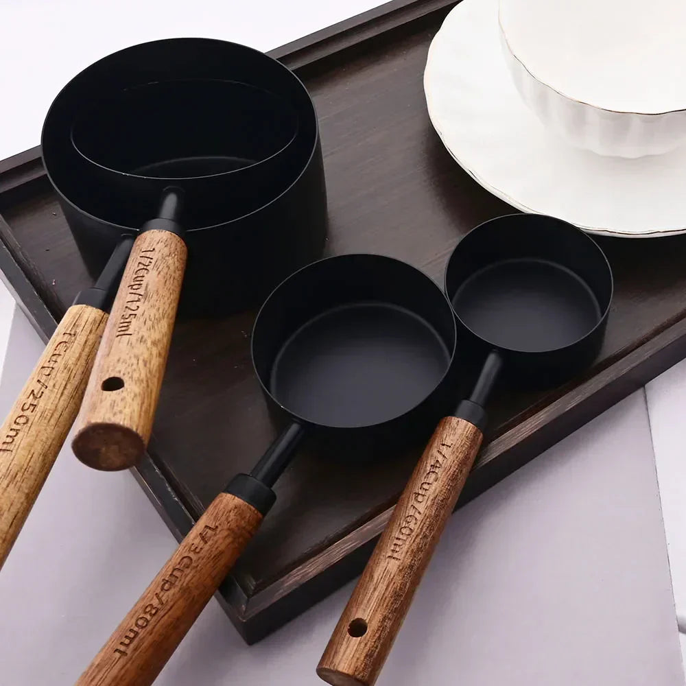 Measuring Cup and Spoon Set with Engraved Markings and Wooden Handles, 8-Piece